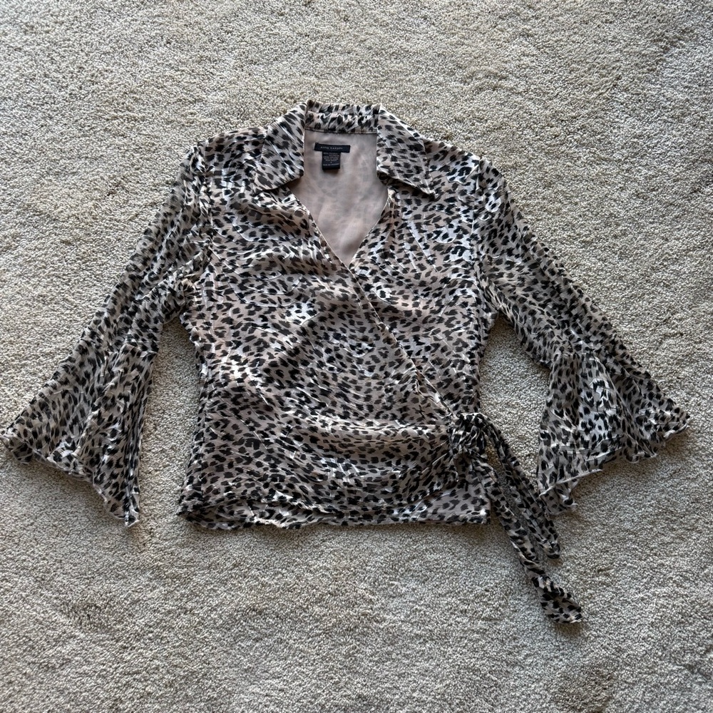 Y2K Vintage Silk Wrap Blouse Animal Print Bell Sleeve 2000s Size S